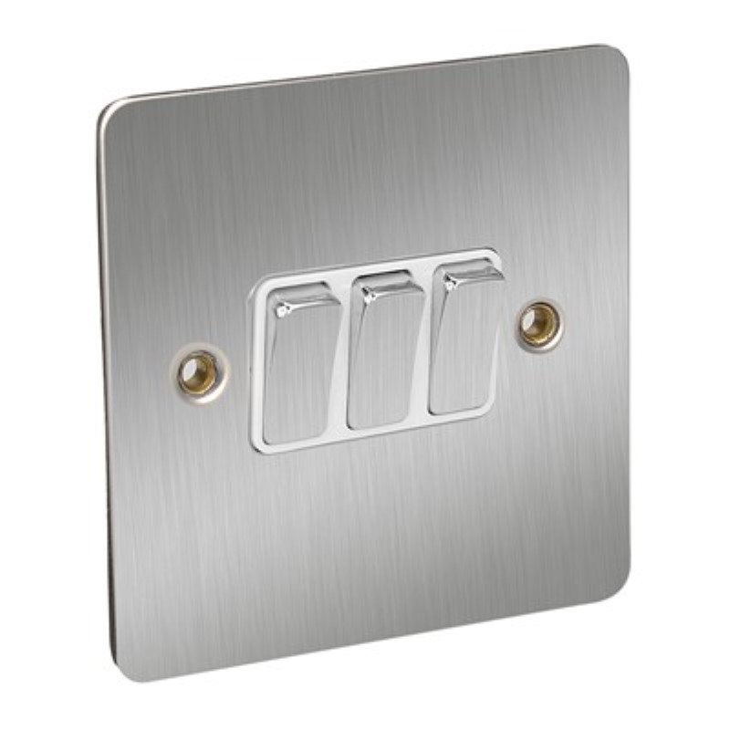 Flat Plate 10Amp 3 Gang 2 Way Switch *Satin Chrome/White Insert - Click Image to Close